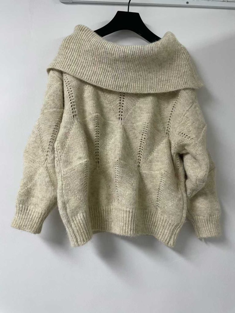 一字翻領針織寬袖毛衣