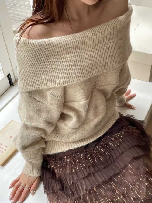 一字翻領針織寬袖毛衣