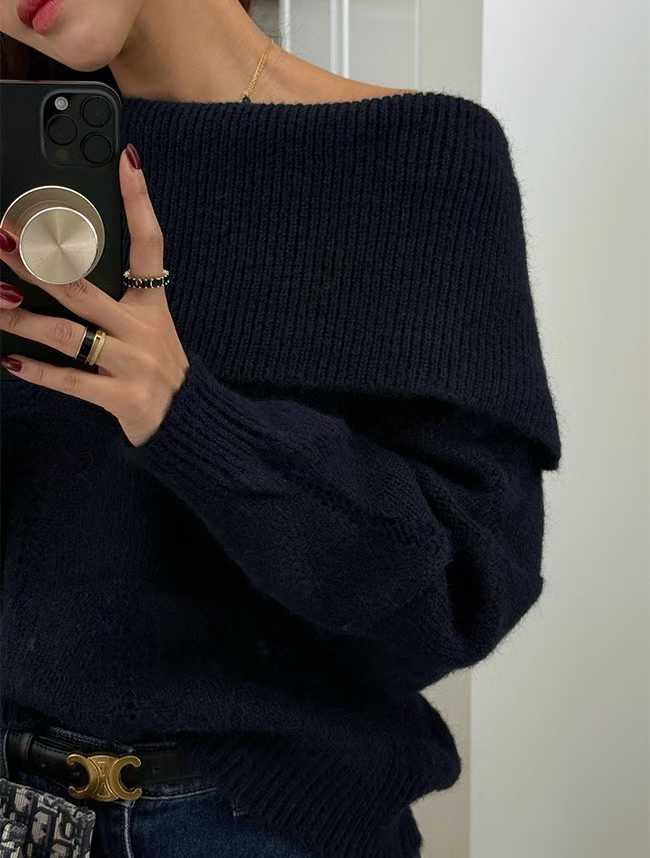 一字翻領針織寬袖毛衣