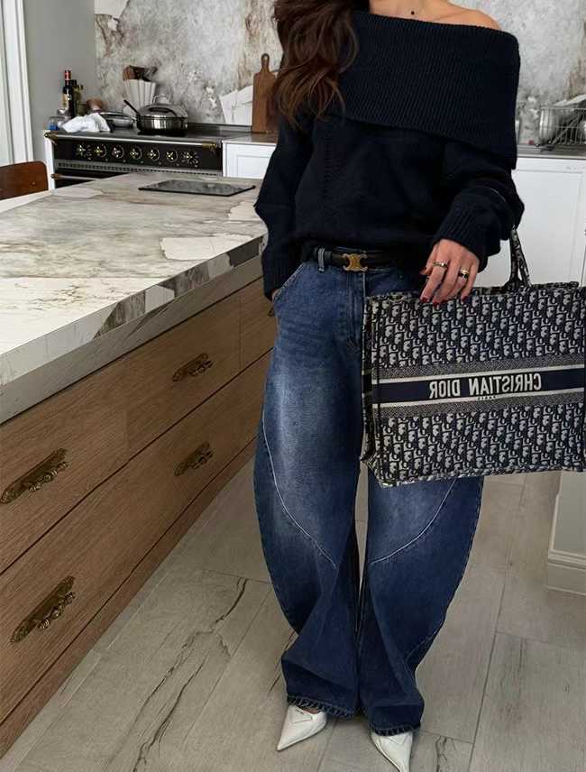 一字翻領針織寬袖毛衣