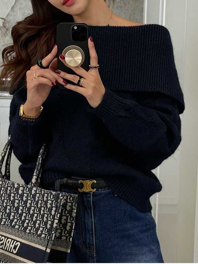 一字翻領針織寬袖毛衣