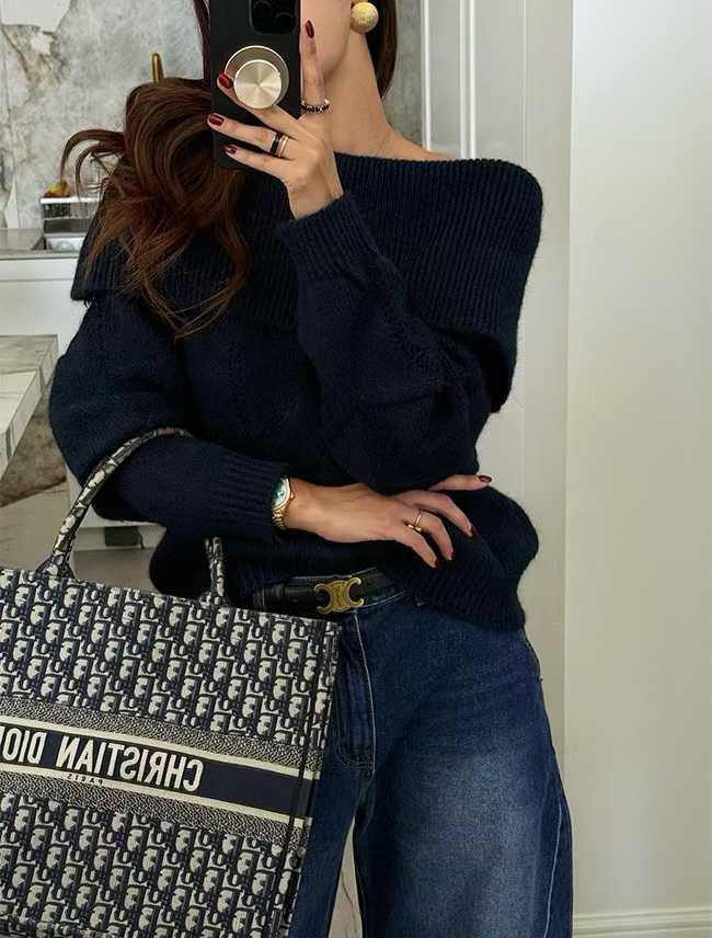 一字翻領針織寬袖毛衣