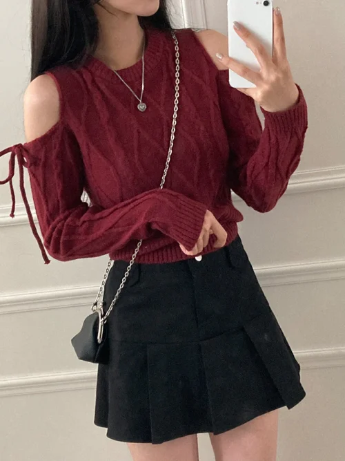 露肩短版蝴蝶結綁帶毛衣