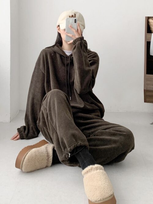 運動風抓絨連帽套裝