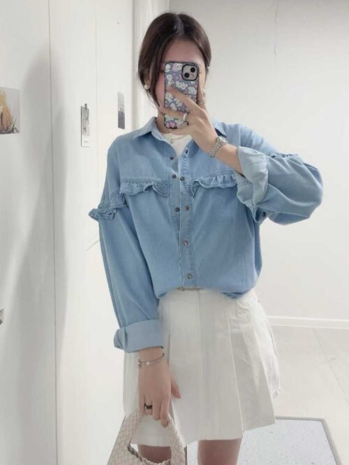 牛仔裝飾皺摺襯衫